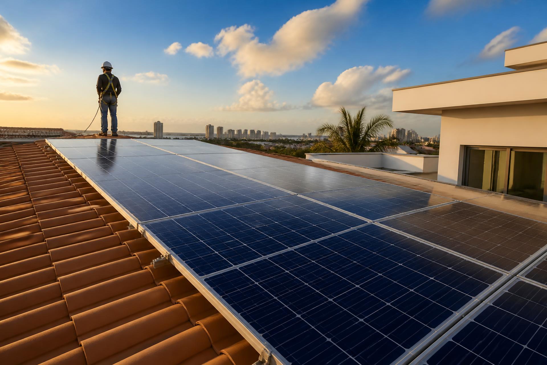 Placas solares instaladas no telhado de uma residência ao entardecer